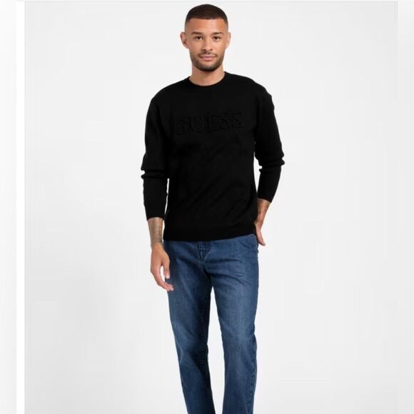 Guess Men’s Astero jet black front logo crewneck sweater size medium NWT - Picture 3 of 12